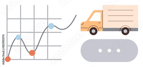 Line graph with marked points, delivery truck, and progress bar. Ideal for logistics, growth, analytics, efficiency, business trends transportation and network management. Simple flat metaphor