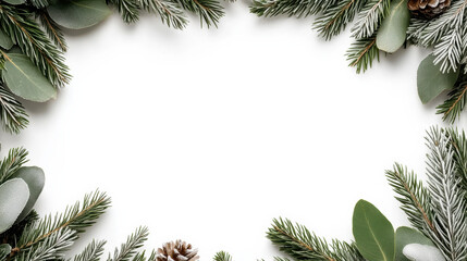 Evergreen wreath frame with pine cones and eucalyptus leaves, festive natural border