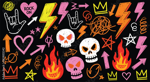 Rock and roll punk style hand drawn doodle collection featuring skulls, lightning bolts, flames, music gesture symbols, and various abstract elements for creative design projects