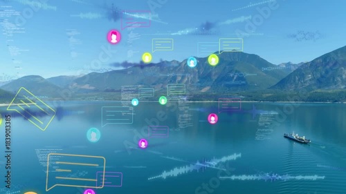 User icons appearing above lake drifting forward, growing, clustering and showing network data