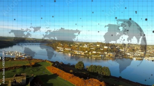 Camera shifting right and down, aerial river bend showing marina, ruins, dotted globe rotating map