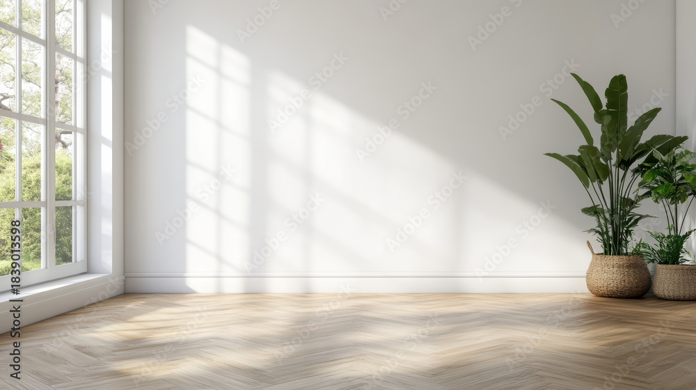 Fototapeta premium Minimalist sunlit empty room with large window and potted plants creating calm