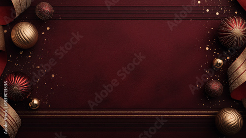 Flat lay Christmas banner on elegant dark red background, gold ribbons and ornaments placed on edges, subtle festive glow, center empty, premium aesthetic, neat arrangement, no text