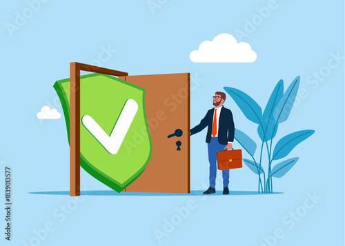 Businessman opening a door to see green check mark. Successful execution of business tasks at the office. Insurance coverage. Best worker, courage. Flat vector illustration