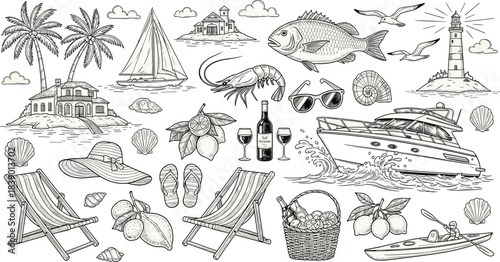 Detailed Black-and-White Coastal Vacation Illustration – Palm Trees, Boats, Marine Life, Beach Accessories, and Relaxing Seaside Elements in One Scene