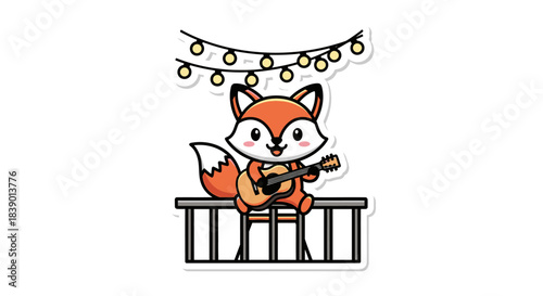 Adorable fox playing guitar under string lights on a balcony creating a cozy scene