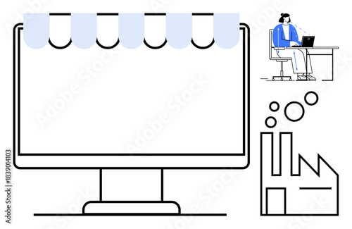 Factory automation. Factory automation illustrated with computer display, factory icon, and operator at desk. Factory automation improves productivity and operational efficiency. For technology