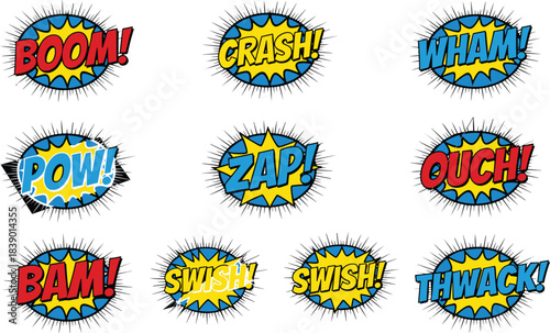 Explosive Comic Book Pop Art Vector Sound Effects Collection: Boom, Crash, Wham, Pow, Zap, Ouch, Bam, Swish, Thwack Retro Onomatopoeia Cartoon Style Set for Design.
