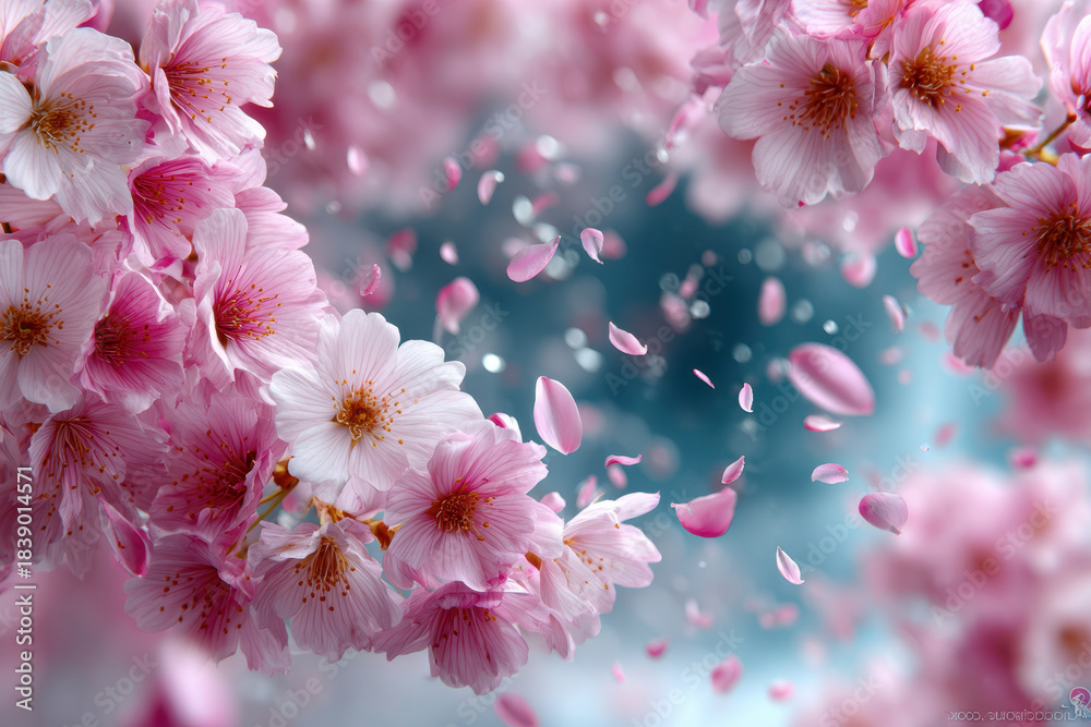 Fototapeta premium Pink cherry blossoms with falling petals on blue