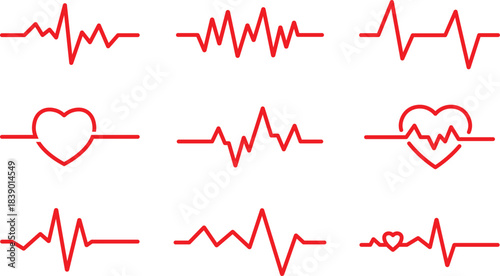 Collection of nine red electrocardiogram heart rate line icons on white pulse