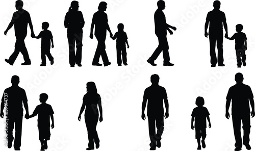 Happy family silhouette walking together at beautiful sunset, father mother child holding hands, joyful summer travel vacation, outdoor peaceful love, freedom, hope,