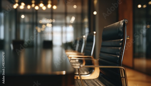 Empty modern conference room with black leather chairs and warm lighting.