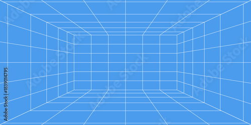 3d wireframe grid room. 3d perspective laser grid 16 9.. Cyberspace blue background with white mesh. Futuristic digital