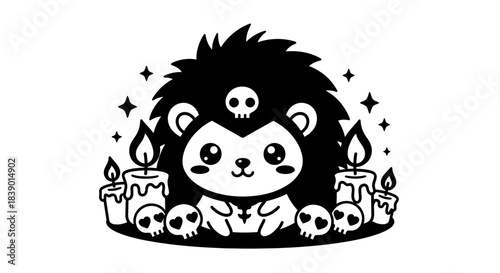 Adorable spooky hedgehog with candles and skulls, a whimsical illustration for halloween themes