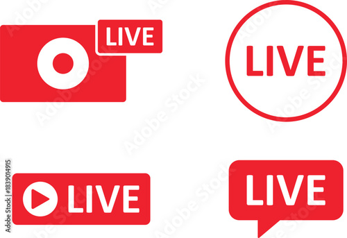 Four red and white live streaming icons and symbols vector