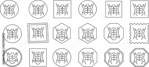 Muscular Male Torso Six-Pack Abs Vector Icon Set for Fitness, Bodybuilding, Gym, and Workout Programs, Health, Anatomy, and Diet Concept Logo Collection with Various Geometric Frames.