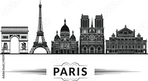 Paris France Cityscape Silhouette Art Deco Style Travel Vector Illustration Skyline Triumphal Arch Eiffel Tower Sacre Coeur Cathedral Notre Dame Opera Garnier Historic Landmark European 