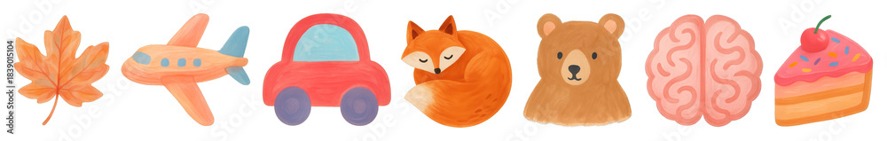 Obraz premium PNG Cute doodles: leaf, plane, car, fox, bear, brain, cupcake element set on transparent background.