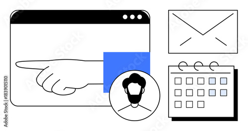 Hand pointing in a browser, envelope icon, user avatar, calendar. Ideal for teamwork, scheduling, communication, project management networking task delegation organization. Simple flat metaphor