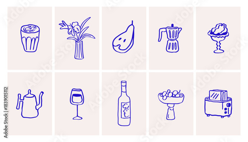 Doodle food and drinks, kitchen posters set. Handdrawn card designs with sketch drawing, coffee, wineglass, fruit, limoncello bottle, moka pot, flower in Italian dolce vita style. Vector illustrations