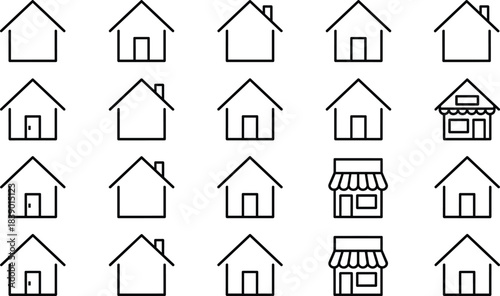 Simple Line Icon Set of Various Houses, Homes, and Stores; Residential, Commercial Building, Property, Real Estate, and Business Outline Symbols for Web Design, Apps, Maps, and User Interface Concept