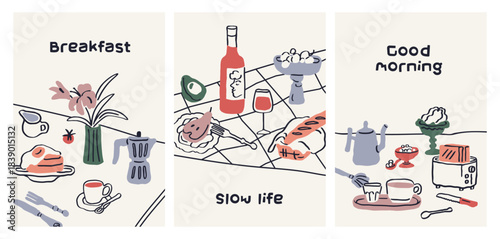 Doodle breakfast posters set. Hand-drawn card designs with morning food and drink, sketch drawings. Dining tables with moka pot, wineglass, coffee in Dolce Vita style. Flat vector illustration
