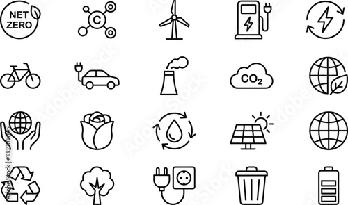 Sustainable Ecology Environmental Icons Set: Net Zero, Renewable Energy, Green Transportation, CO2 Reduction, Climate Change, Earth Protection, Recycling, Electric Vehicles, Solar Power, Nature, and 