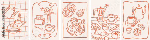 Doodle breakfast card designs set. Dolce Vita kitchen posters with hand-drawn coffee, moka pot, morning food, snack on table, coquette frames. Sketch scribble drawings. Handdrawn vector illustrations