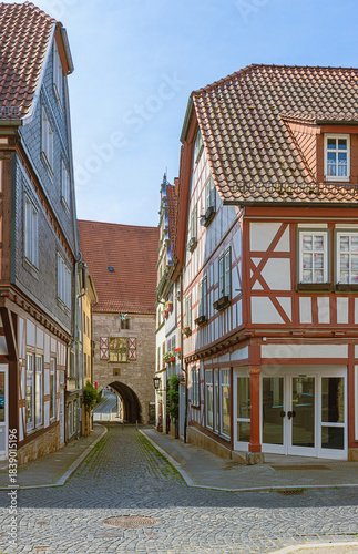 View to north side of the town hall of Muhlhausen through the street leading to it