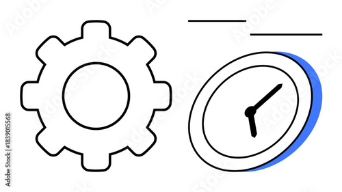Productivity, time management, workflow optimization, scheduling, efficiency, planning. Outline of a gear next to a clock. Productivity and time management concept