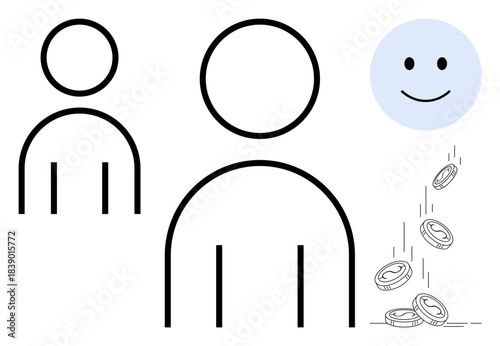 Financial growth, personal connections, happiness, money management, collaboration, emotional well-being. Two outlined figures, a smiling face and coins. Financial growth and happiness concepts