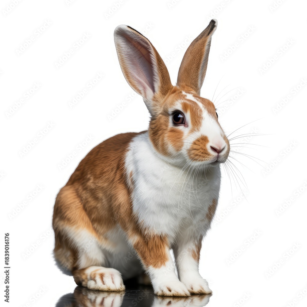 Fototapeta premium Brown and White Rabbit Sitting Isolated on White Background with Reflection