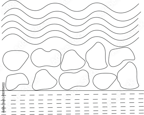 Line art vector illustration of a cross section of water body over a rocky bed along with a layer of substances or soil below the rocks. Minimalist design. 