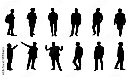 Set of Twelve Diverse Standing and Walking Male People Silhouettes, Architectural Entourage PNG Pack, Business and Casual Figures, Isolated Vector Collection