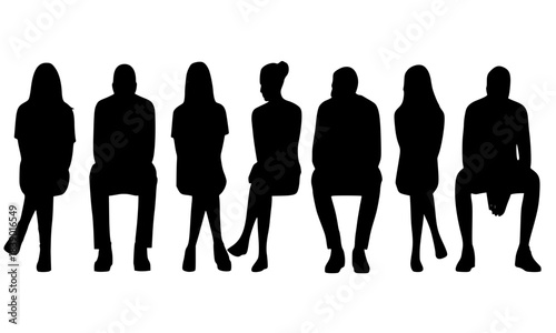 Row of Seated People Silhouettes, Diverse Group of Men and Women Sitting, Black Figures Isolated on White Background, Architectural Drawing Scale Figures, Vector Cutout