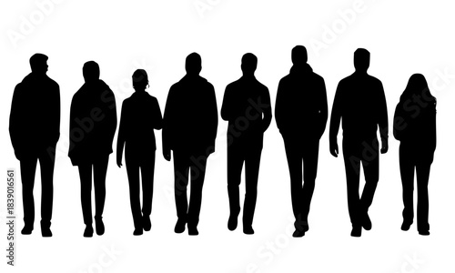 Row of Walking People Silhouettes, Diverse Group of Men and Women Strolling, Black Figures Isolated on White Background, Architectural Scale Figures Cutout, Moving Crowd Vector