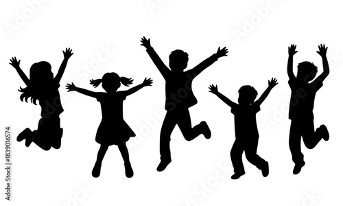 Children Jumping Silhouette Vector Illustration, Group of Happy Kids with Hands Up in Air, Excitement, Childhood, and Freedom Concept Isolated on White Background