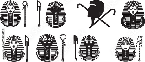Ancient egyptian pharaoh tutankhamun mask silhouette collection set various artifacts symbols crook flail ankh vector illustration.