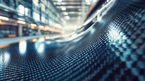 A sleek surface of carbon fiber composites glistens under realistic lighting in a modern factory, where advanced technology processes nano fabric with precision