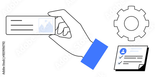 Hand holding an ID card, settings gear, and checklist with user icon highlight authentication, customization, and task completion. Ideal for security, ID management, HR, software verification