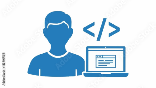 Software developer illustration representing programmer working on code using laptop computer signifying technology expertise worker coding software application development engineering tasks and digit