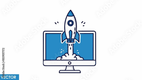 Vector illustration showing a rocket launching from a computer monitor on a white background symbolizing startup or product launch