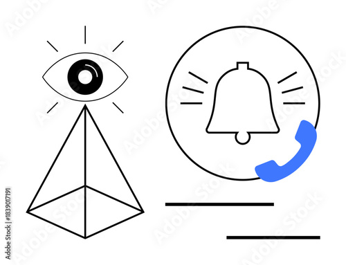 Geometric pyramid topped with a radiating eye, ringing bell, and phone call icon inside a circle. Ideal for awareness, connectivity, alerts, security, communication mindfulness teamwork. Simple