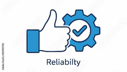 Reliability concept illustration showing large thumbs up hand gesture combined with mechanical gear icon and check mark indicating system quality performance success approval satisfaction or excellent