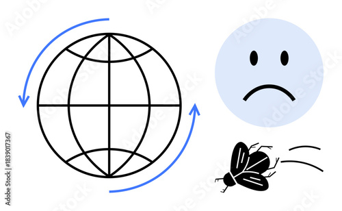 Environmental issues. A globe with arrows, a sad face, and a flying insect symbolize global environmental concerns. Environmental issues affecting ecosystems. For climate change, biodiversity loss