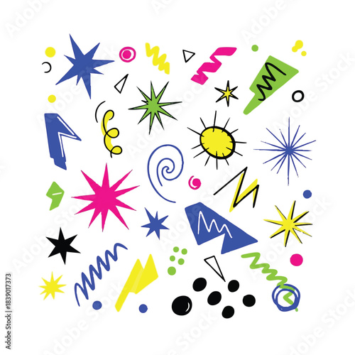 Colorful abstract graphic illustration of assorted shapes and symbols on a white background with a playful and energetic mood.