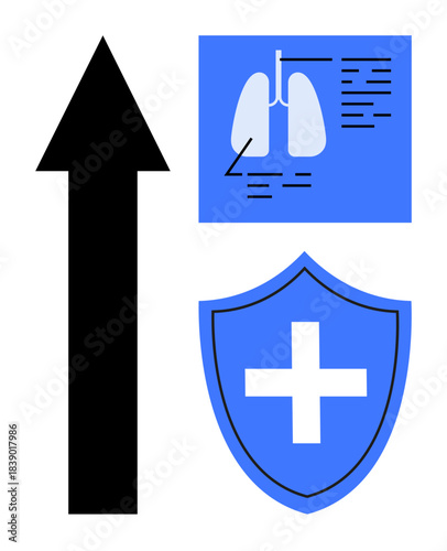 Healthcare, medical diagnostics, protection, safety, growth, progress. An upward arrow, lungs diagram and shield with a medical cross. Healthcare and diagnostics growth concept