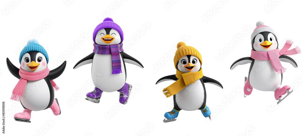 Fototapeta premium A cheerful playful cartoon penguin in a hat on skates a funny pose