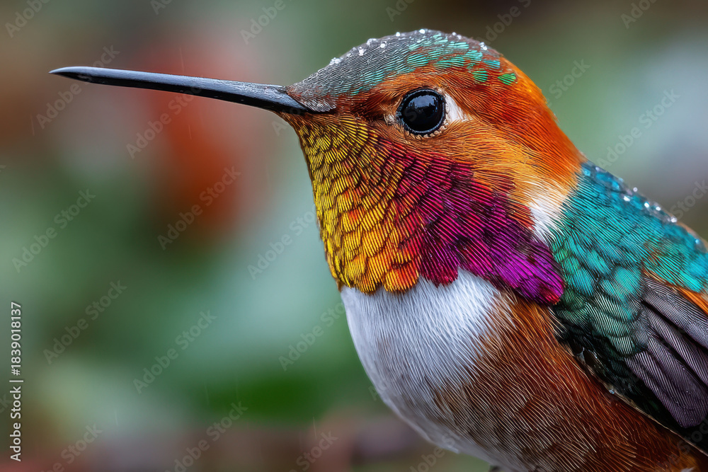 Naklejka premium Colorful hummingbird with water droplets on its feathers