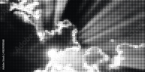 Grunge halftone gradient background. Faded grit noise texture. White and black sand wallpaper. Retro pixelated backdrop. Anime or manga style comic overlay.